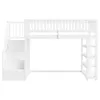 A white loft bed with stairs and shelves against a white background. Produktbild-Vorschau