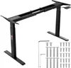 A black electric standing desk frame with included screws and tools is displayed against a white background. Podgląd zdjęcia produktu