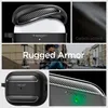 Collage of images showing a Spigen Rugged Armor case for Apple AirPods Pro, with close-ups of the carbon fiber texture and a lifestyle shot of a person. Produktbild-Vorschau