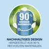 A circular graphic with a mop pad in the center, surrounded by leaves and arrows, indicating recycled materials. Below the graphic, text highlights sustainable design and recycled content. Produktbild-Vorschau