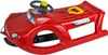 A red plastic sled shaped like a car with a steering wheel and a tow rope, isolated on a white background. Podgląd zdjęcia produktu