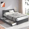 A bedroom scene with a bed and nightstand.