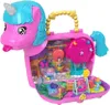 A pink unicorn-shaped toy playset is open, revealing miniature figures and accessories inside. Náhled obrázku produktu