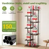 A multi-tiered shelf unit filled with large water bottles, with promotional text and icons overlayed on the left side. Produktbild-Vorschau