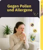 A woman is sneezing into a tissue, with icons representing allergens in the background. Produktbild-Vorschau