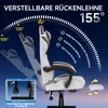 A gaming chair is shown with various reclining angles indicated by dotted lines and degree markers. Text overlays describe features. Náhled obrázku produktu