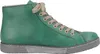 A side view of a green high-top sneaker with beige laces against a white background. Produktbild-Vorschau