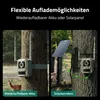 Two images of a trail camera mounted on a tree, showing different charging options. Produktbild-Vorschau
