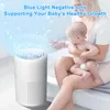 A woman is holding a baby next to an air purifier, with blue light and swirling particles emanating from the purifier. Produktbild-Vorschau