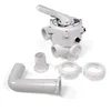A white multi-port valve and associated plumbing components are arranged on a white background. Produktbild-Vorschau