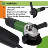 A marketing image showcasing an angle grinder with text highlighting its benefits. Produktbild-Vorschau