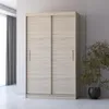 A light wood tone sliding door wardrobe is shown in a room with a textured wall and a plant. Voir les images du produit