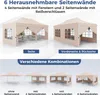 Collage showing different configurations of a beige pop-up gazebo with text overlays describing its features and combinations. Produktbild-Vorschau