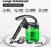 A black Bluetooth headset is shown next to a green battery icon, with text and icons indicating battery life and charging time. Produktbild-Vorschau