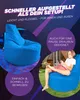 A lifestyle image showing a blue beanbag chair in use both indoors and outdoors, with text highlighting its features. Produktbild-Vorschau