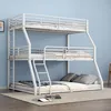 A white metal triple bunk bed with mattresses and pillows against a light blue wall. Podgląd zdjęcia produktu