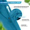 Close-up of a blue zipper on a fabric product, with marketing text and graphics. Produktbild-Vorschau
