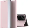 A pink flip case for a smartphone is shown standing upright, with the phone partially visible behind it. Produktbild-Vorschau