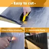 Collage of images showing the features of soundproofing material, including cutting, flame retardancy, and adhesive backing. Produktbild-Vorschau