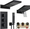 A collage of images showing different parts of a black shower system, including showerheads, a control panel, a handheld shower, and the internal valve. Anteprima dell’immagine prodotto