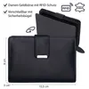 A black leather wallet is shown with dimensions and feature callouts. Produktbild-Vorschau
