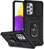 A black phone case with a sliding camera cover and a ring holder is shown from multiple angles against a white background. Produktbild-Vorschau
