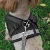 A dog wearing a black harness with a leash attached, sitting on grass. Podgląd zdjęcia produktu