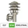 A silver outdoor wall light with a glass shade and an exposed bulb, shown against a white background. Below the light are three boxes with text: 'E27', 'IP44', and 'EDELSTAHL'. Produktbild-Vorschau