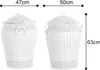 Two white wicker laundry baskets with lids are shown side-by-side, with dimensions indicated by lines and text. Produktbild-Vorschau