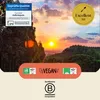 A sunset over a forest with various certification logos and awards. Produktbild-Vorschau