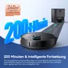 A robot vacuum cleaner is shown in front of a charging station, with large blue numbers indicating its cleaning time and area coverage. Produktbild-Vorschau