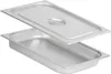 A stainless steel food pan with a lid, shown from a slight angle. Náhled obrázku produktu