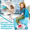 A young girl sits on a blue unicorn-themed suitcase, wearing a backpack, with an inset image of a woman placing luggage in an overhead compartment. Produktbild-Vorschau