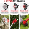 A collage of three images showcasing different blades for a grass trimmer, with accompanying text descriptions. Produktbild-Vorschau