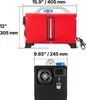 Two views of a red and black diesel air heater with dimensions indicated by text and lines. Produktbild-Vorschau