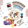 A colorful board game with cards, a game board, and tokens, arranged on a white background with watercolor splatters. Náhled obrázku produktu