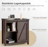 A dark brown wooden sideboard with a sliding barn door, displaying books and a plant on its shelves and top. Podgląd zdjęcia produktu