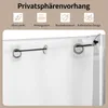A product collage featuring a white fabric curtain with grommets and a black elastic cord, set against a light brown background. Several icons with German text are displayed above the curtain. Náhľad obrázku produktu