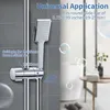 A product image showing a showerhead holder attached to a shower rail, with text overlays and a blurred background of a bathroom. Produktbild-Vorschau