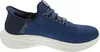 A side view of a blue Skechers slip-on sneaker. Voir les images du produit