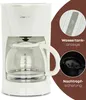A white Clatronic coffee maker with a glass carafe is shown, with close-up insets highlighting the water tank indicator and the drip-stop feature. Anteprima dell’immagine prodotto
