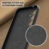 Close-up view of the interior lining of a black phone case, with a magnified circular inset showing the texture of the ultra-fine fiber material. The background is a textured brown fabric. Produktbild-Vorschau