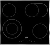 A top-down view of a black electric stovetop with four cooking zones and control buttons at the bottom. Produktbild-Vorschau
