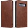 A brown leather flip case for a Samsung Galaxy S10 phone is shown from two angles. Produktbild-Vorschau