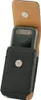 A black leather phone case with a tan interior is shown open, with a black mobile phone inside. Podgląd zdjęcia produktu
