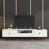 A modern TV stand with a television on top, set against a dark gray wall with gold vertical accents. Podgląd zdjęcia produktu