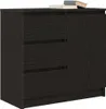 A dark wood-effect sideboard with drawers and a cabinet door, shown from a front-side angle. Produktbild-Vorschau