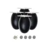 Four black wooden furniture legs with silver tops and a pile of screws and felt pads. Produktbild-Vorschau