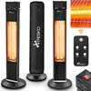 A collage of images showing a TRESKO infrared heater, its heating element, a remote control, and a protective cover. Podgląd zdjęcia produktu