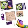 A collage of images showing a panda-themed art kit, including the box, canvas, paints, and a colorful hand sculpture. Produktbild-Vorschau